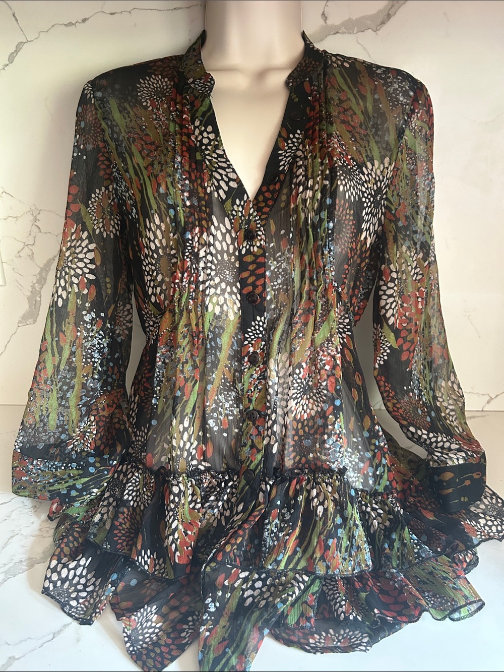 Y2K American Rag Black Sheer Floral-Print Peplum Blouse